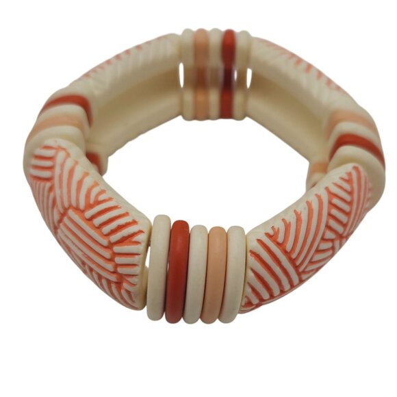 Vintage Inspired Tribal Stretch Bracelet Ivory  Burnt Orange Geometric Design - Picture 1 of 4